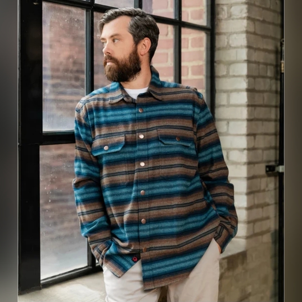 Woolly Dry Goods Flannel Shirtjac  9oz Light Blue/Navy Stripe Southwest Size 2XL